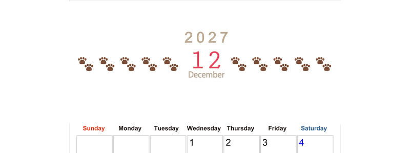 カレンダー2027年(無料)12月は縦型日曜始まりで猫の自由きままな足あとがおしゃれで大人かわいい 【No.202701231210】