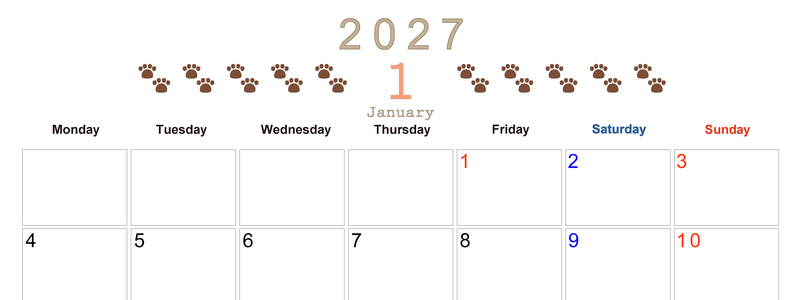 カレンダー2027年(無料)1月は横型月曜始まりで猫の自由きままな足あとがおしゃれで大人かわいい 【No.202701230101】