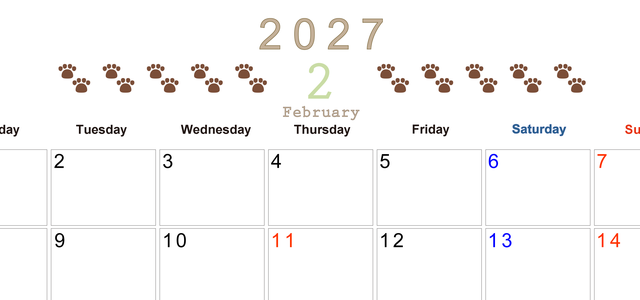 カレンダー2027年(無料)2月は横型月曜始まりで猫の自由きままな足あとがおしゃれで大人かわいい 【No.202701230201】