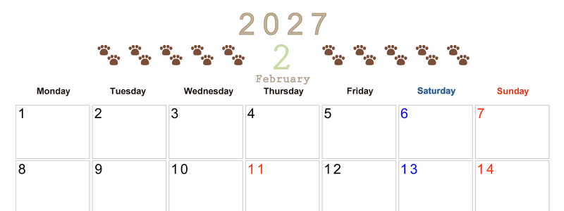 カレンダー2027年(無料)2月は横型月曜始まりで猫の自由きままな足あとがおしゃれで大人かわいい 【No.202701230201】