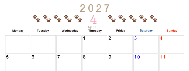 カレンダー2027年(無料)4月は横型月曜始まりで猫の自由きままな足あとがおしゃれで大人かわいい 【No.202701230401】