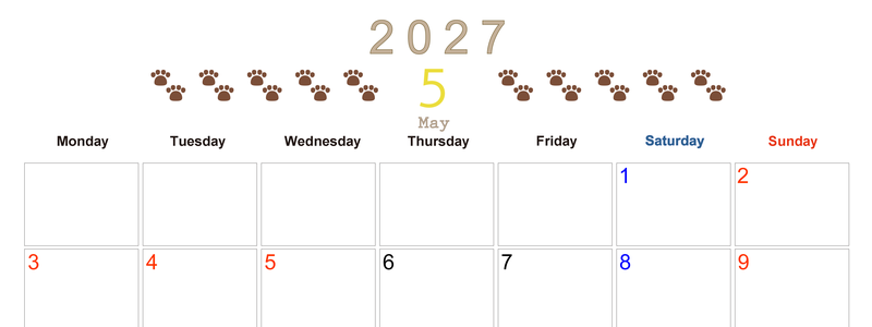 カレンダー2027年(無料)5月は横型月曜始まりで猫の自由きままな足あとがおしゃれで大人かわいい 【No.202701230501】