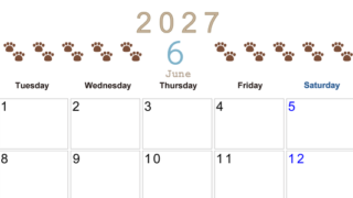 カレンダー2027年(無料)6月は横型月曜始まりで猫の自由きままな足あとがおしゃれで大人かわいい 【No.202701230601】