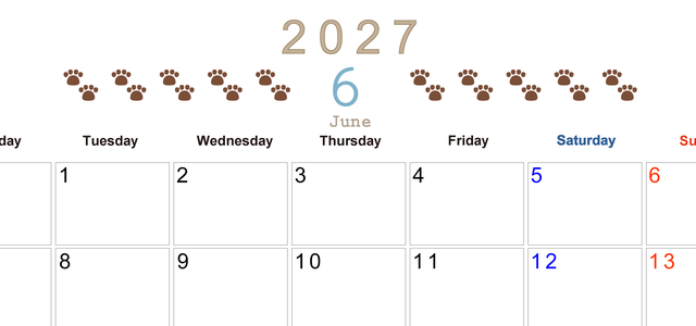 カレンダー2027年(無料)6月は横型月曜始まりで猫の自由きままな足あとがおしゃれで大人かわいい 【No.202701230601】