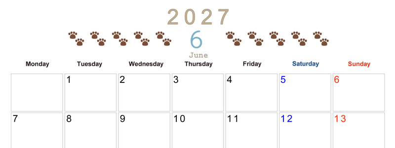 カレンダー2027年(無料)6月は横型月曜始まりで猫の自由きままな足あとがおしゃれで大人かわいい 【No.202701230601】
