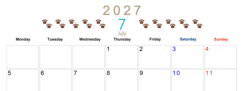 カレンダー2027年(無料)7月は横型月曜始まり で猫の自由きままな足あとがおしゃれで大人かわいい 【No.202701230701】