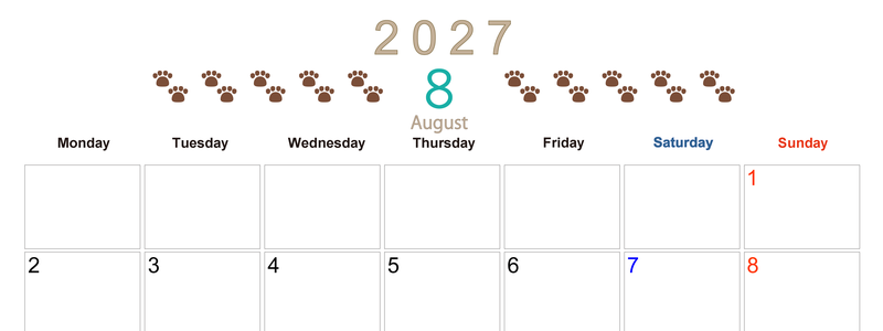 カレンダー2027年(無料)8月は横型月曜始まりで猫の自由きままな足あとがおしゃれで大人かわいい 【No.202701230801】
