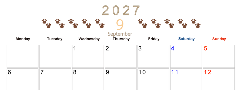 カレンダー2027年(無料)9月は横型月曜始まりで猫の自由きままな足あとがおしゃれで大人かわいい 【No.202701230901】