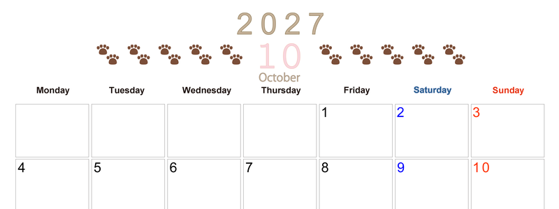 カレンダー2027年(無料)10月は横型月曜始まりで猫の自由きままな足あとがおしゃれで大人かわいい 【No.202701231001】