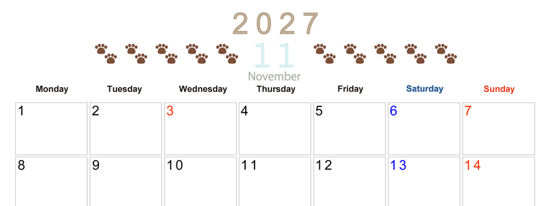 カレンダー2027年(無料)11月は横型月曜始まりで猫の自由きままな足あとがおしゃれで大人かわいい 【No.202701231101】