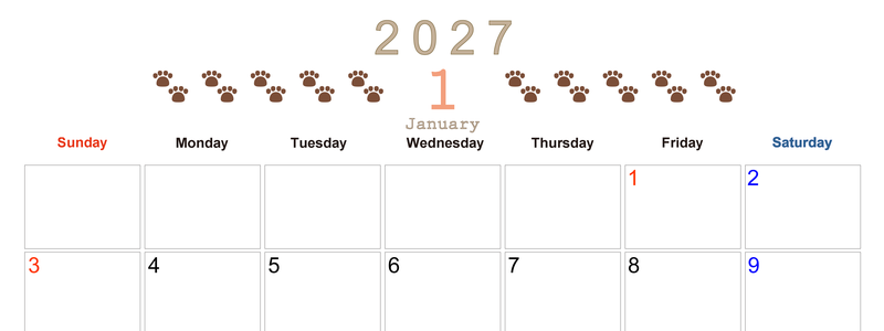 カレンダー2027年(無料)1月は横型日曜始まりで猫の自由きままな足あとがおしゃれで大人かわいい 【No.202701230100】
