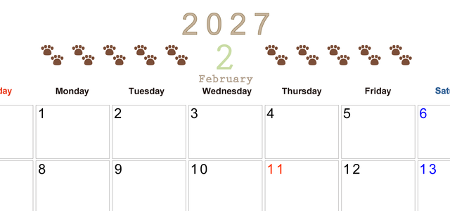 カレンダー2027年(無料)2月は横型日曜始まりで猫の自由きままな足あとがおしゃれで大人かわいい 【No.202701230200】