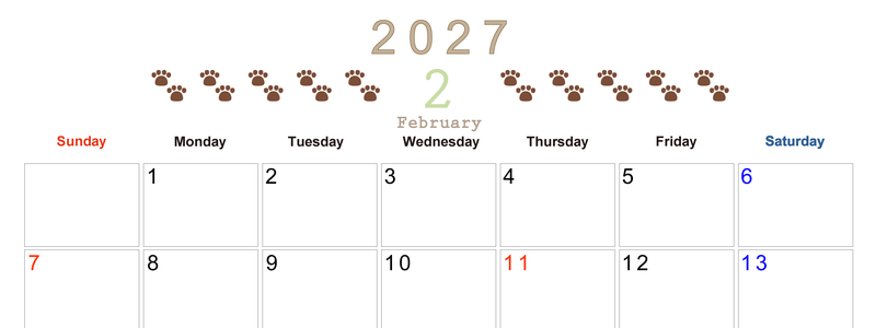 カレンダー2027年(無料)2月は横型日曜始まりで猫の自由きままな足あとがおしゃれで大人かわいい 【No.202701230200】