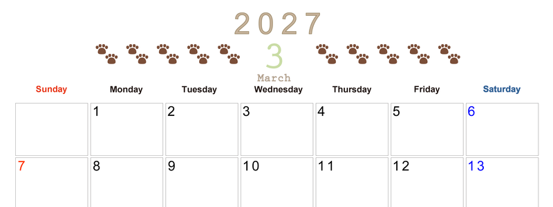 カレンダー2027年(無料)3月は横型日曜始まりで猫の自由きままな足あとがおしゃれで大人かわいい 【No.202701230300】