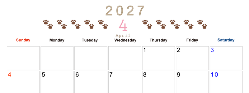 カレンダー2027年(無料)4月は横型日曜始まりで猫の自由きままな足あとがおしゃれで大人かわいい 【No.202701230400】