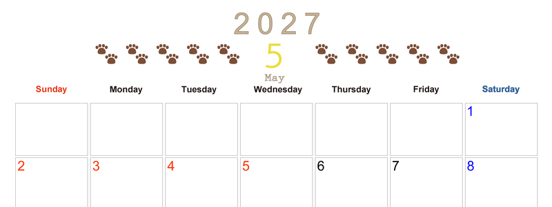 カレンダー2027年(無料)5月は横型日曜始まりで猫の自由きままな足あとがおしゃれで大人かわいい 【No.202701230500】