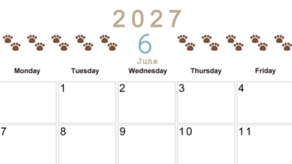 カレンダー2027年(無料)6月は横型日曜始まりで猫の自由きままな足あとがおしゃれで大人かわいい 【No.202701230600】
