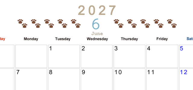 カレンダー2027年(無料)6月は横型日曜始まりで猫の自由きままな足あとがおしゃれで大人かわいい 【No.202701230600】
