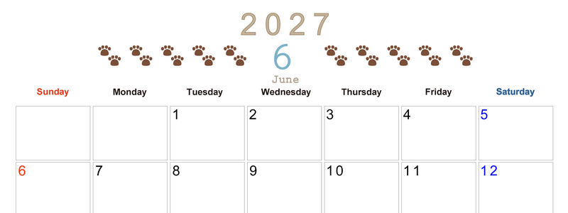 カレンダー2027年(無料)6月は横型日曜始まりで猫の自由きままな足あとがおしゃれで大人かわいい 【No.202701230600】