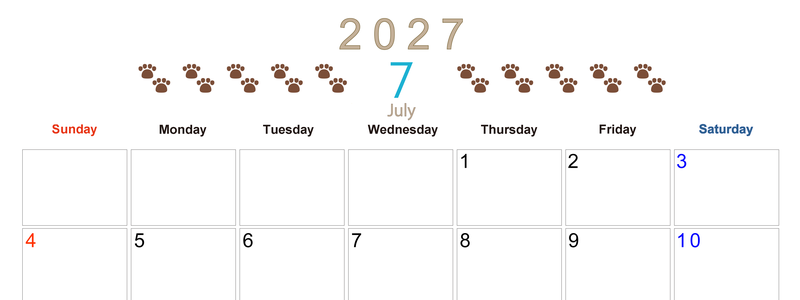 カレンダー2027年(無料)7月は横型日曜始まりで猫の自由きままな足あとがおしゃれで大人かわいい 【No.202701230700】