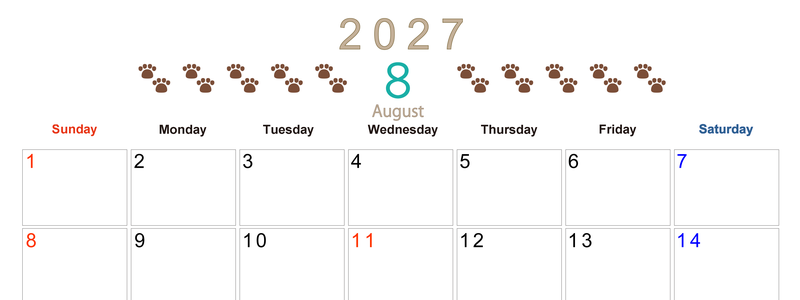 カレンダー2027年(無料)8月は横型日曜始まりで猫の自由きままな足あとがおしゃれで大人かわいい 【No.202701230800】