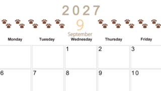 カレンダー2027年(無料)9月は横型日曜始まりで猫の自由きままな足あとがおしゃれで大人かわいい 【No.202701230900】