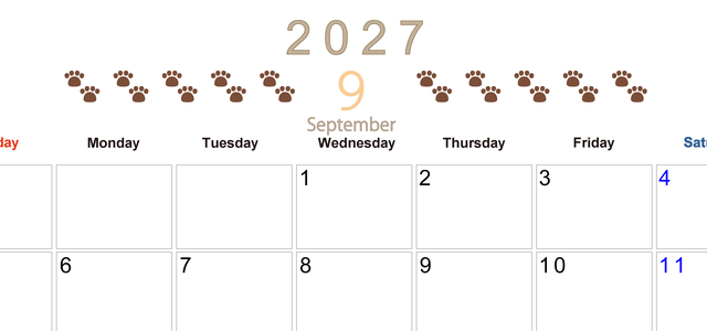 カレンダー2027年(無料)9月は横型日曜始まりで猫の自由きままな足あとがおしゃれで大人かわいい 【No.202701230900】