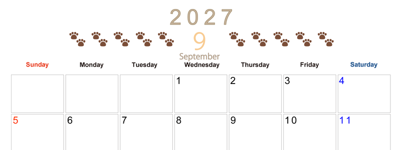 カレンダー2027年(無料)9月は横型日曜始まりで猫の自由きままな足あとがおしゃれで大人かわいい 【No.202701230900】