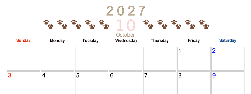 カレンダー2027年(無料)10月は横型日曜始まりで猫の自由きままな足あとがおしゃれで大人かわいい 【No.202701231000】
