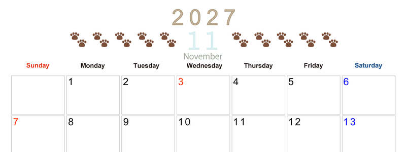 カレンダー2027年(無料)11月は横型日曜始まりで猫の自由きままな足あとがおしゃれで大人かわいい 【No.202701231100】