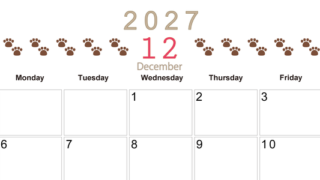 カレンダー2027年(無料)12月は横型日曜始まりで猫の自由きままな足あとがおしゃれで大人かわいい 【No.202701231200】