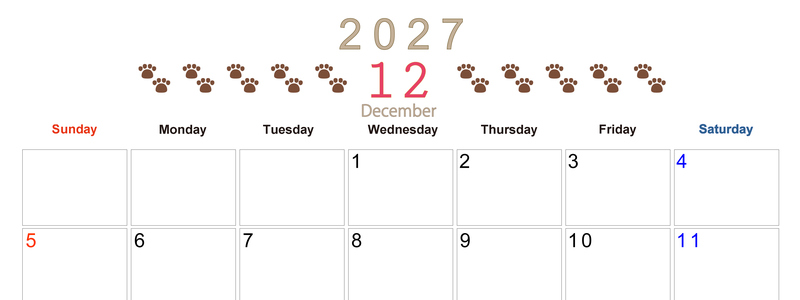 カレンダー2027年(無料)12月は横型日曜始まりで猫の自由きままな足あとがおしゃれで大人かわいい 【No.202701231200】