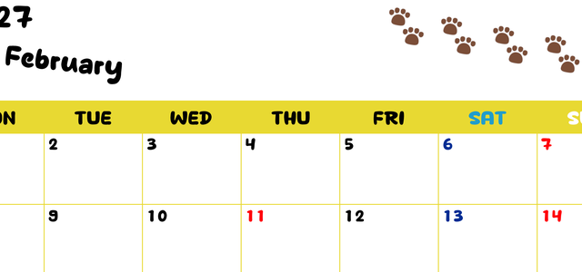 カレンダー2027年は無料！2月カレンダー：横型月曜始まり、ねこのベージュぷにぷに肉球イラストがほっこりかわいい 【No.202701240201】