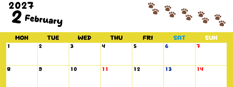 カレンダー2027年は無料！2月カレンダー：横型月曜始まり、ねこのベージュぷにぷに肉球イラストがほっこりかわいい 【No.202701240201】