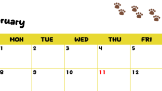 カレンダー2027年は無料！2月カレンダー：横型日曜始まり、ねこのベージュぷにぷに肉球イラストがほっこりかわいい 【No.202701240200】