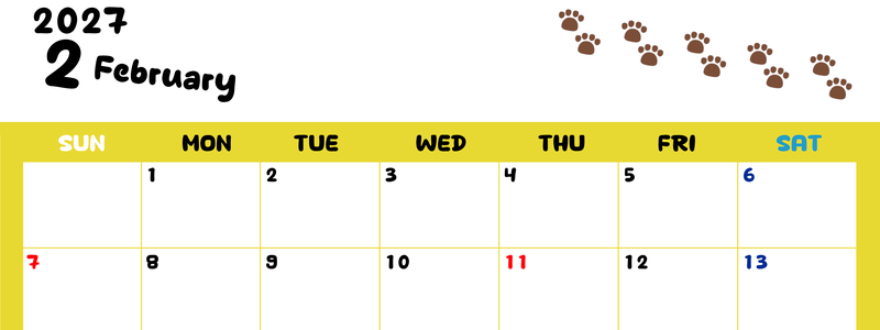 カレンダー2027年は無料！2月カレンダー：横型日曜始まり、ねこのベージュぷにぷに肉球イラストがほっこりかわいい 【No.202701240200】