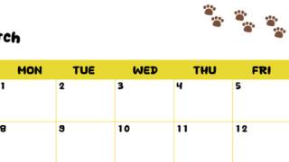 カレンダー2027年は無料！3月カレンダー：横型日曜始まり、ねこのベージュぷにぷに肉球イラストがほっこりかわいい 【No.202701240300】