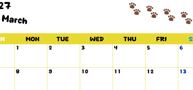 カレンダー2027年は無料！3月カレンダー：横型日曜始まり、ねこのベージュぷにぷに肉球イラストがほっこりかわいい 【No.202701240300】