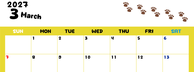 カレンダー2027年は無料！3月カレンダー：横型日曜始まり、ねこのベージュぷにぷに肉球イラストがほっこりかわいい 【No.202701240300】