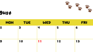カレンダー2027年は無料！8月カレンダー：横型日曜始まり、ねこのベージュぷにぷに肉球イラストがほっこりかわいい 【No.202701240800】