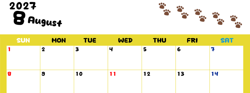 カレンダー2027年は無料！8月カレンダー：横型日曜始まり、ねこのベージュぷにぷに肉球イラストがほっこりかわいい 【No.202701240800】