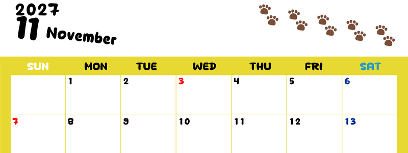 カレンダー2027年は無料！11月カレンダー：横型日曜始まり、ねこのベージュぷにぷに肉球イラストがほっこりかわいい 【No.202701241100】