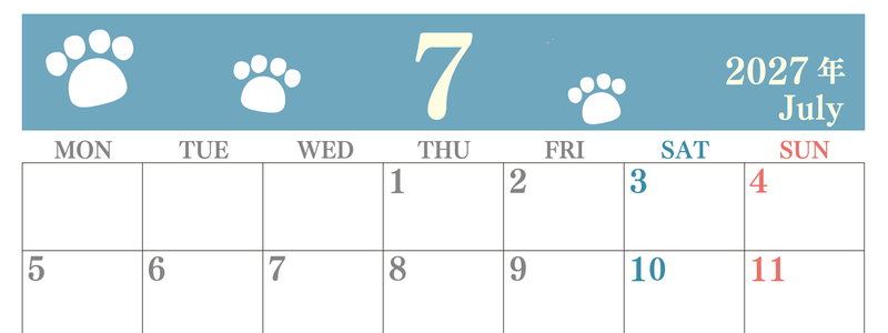 カレンダー2027年7月は横型月曜始まり で猫の肉球がゆるかわいいレイアウト！無料かつ自由に予定を書き込めます 【No.202701250701】