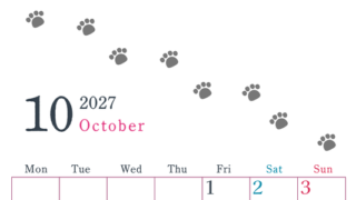 2027年10月カレンダーは縦型月曜始まりで猫が自由気ままに歩き回った足あとがかわいい♪ダウンロード無料♪ 【No.202701261011】