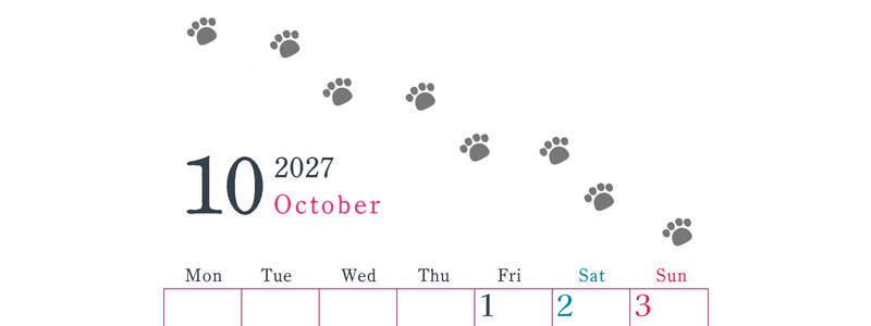 2027年10月カレンダーは縦型月曜始まりで猫が自由気ままに歩き回った足あとがかわいい♪ダウンロード無料♪ 【No.202701261011】