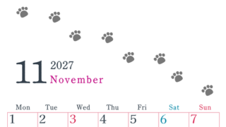 2027年11月カレンダーは縦型月曜始まりで猫が自由気ままに歩き回った足あとがかわいい♪ダウンロード無料♪ 【No.202701261111】