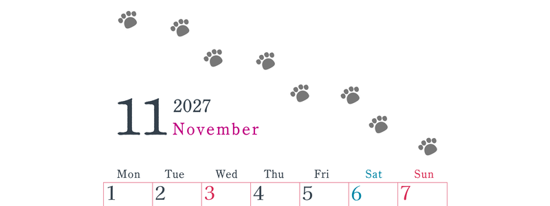 2027年11月カレンダーは縦型月曜始まりで猫が自由気ままに歩き回った足あとがかわいい♪ダウンロード無料♪ 【No.202701261111】