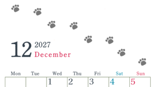 2027年12月カレンダーは縦型月曜始まりで猫が自由気ままに歩き回った足あとがかわいい♪ダウンロード無料♪ 【No.202701261211】