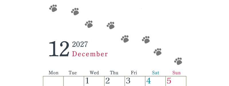 2027年12月カレンダーは縦型月曜始まりで猫が自由気ままに歩き回った足あとがかわいい♪ダウンロード無料♪ 【No.202701261211】