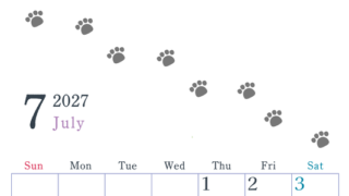 2027年7月カレンダーは縦型日曜始まり で猫が自由気ままに歩き回った足あとがかわいい♪ダウンロード無料♪ 【No.202701260710】
